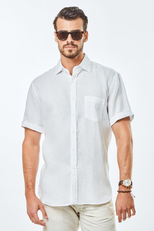 Camisa Manga Curta Com Bolso Linho - Branco