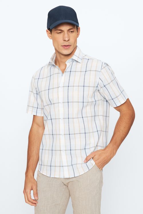 Camisa Casual Manga Curta Slim Xadrez Giorno Fideli - Branco/Azul