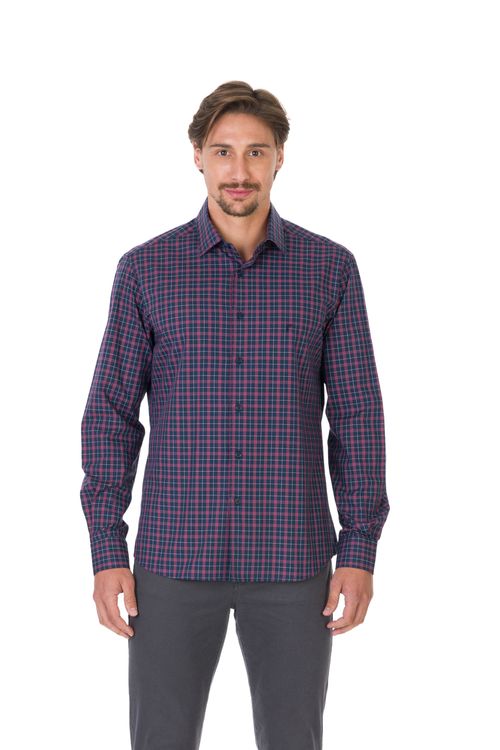 Camisa Casual Manga Longa Slim Algodão Egípcio Xadrez Giorno Fideli - Marinho/Vinho