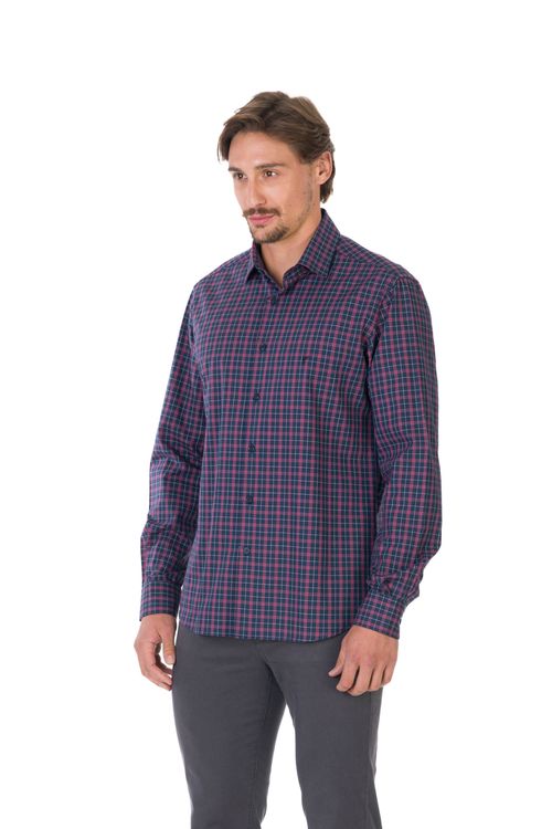 Camisa Casual Manga Longa Slim Algodão Egípcio Xadrez Giorno Fideli - Marinho/Vinho