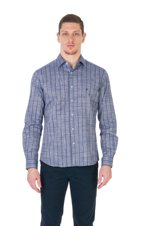 Camisa Casual Manga Longa Slim Listrada Giorno Fideli - Azul