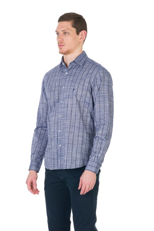 Camisa Casual Manga Longa Slim Listrada Giorno Fideli - Azul